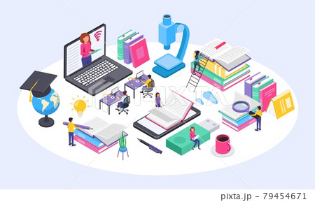 Online education concept. University students studying at home using computer. Isometric online courses, virtual learning vector illustration Online education concept. University students studying at home using computer. Isometric online courses, virtual learning vector illustration 79454671