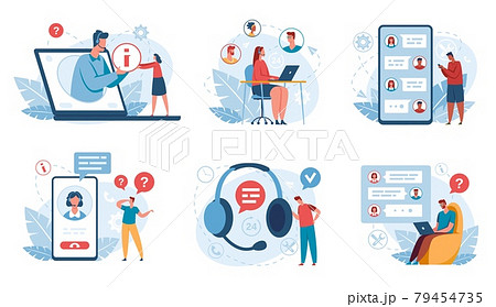 Online support. Customer service operators helping clients. Hotline, call center, technical support, virtual assistant concept vector set 79454735