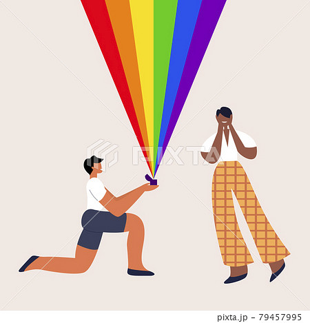 The gay makes a marriage proposal to his boyfriend. Happy gay couple. LGBTQ wedding. Vector template for greeting card, invitation card, poster, flyer. Eps 10. 79457995