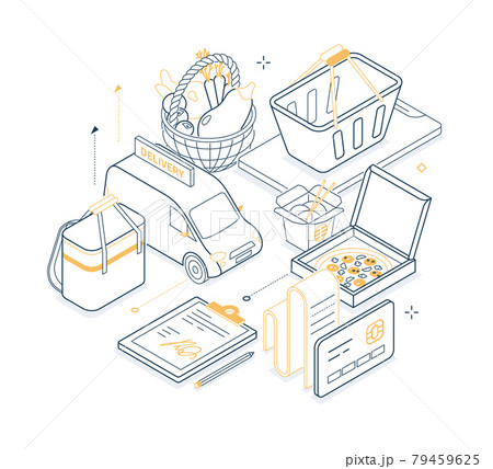 Food delivery - yellow and black isometric line illustration 79459625
