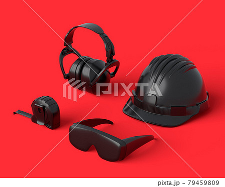 Isometric view of monochrome construction tools for repair on red and black 79459809