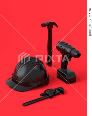 Isometric view of monochrome construction tools for repair on red and black Isometric view of monochrome construction tools for repair on red and black 79459811