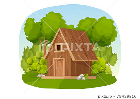 Forest hut, wooden house or cottage decorated...のイラスト素材