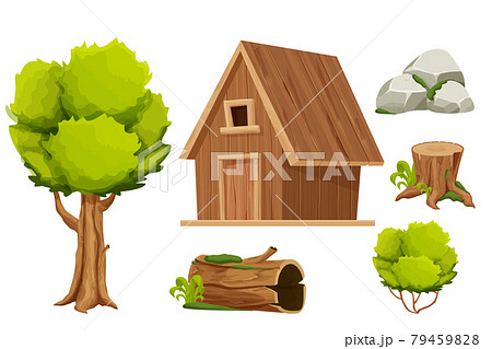 Set Forest hut, wooden house or cottage, tree, old log with moss, stone pile and bush in cartoon style isolated on white background. Cabin, country building with roof, window and door.  79459828