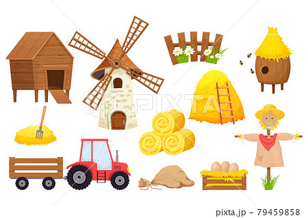 Farm set with bale of hay, scarecrow, windmill, tractor, beehive in cartoon style isolated on white background. Agriculture collection, rural elements. Farm set with bale of hay, scarecrow, windmill, tractor, beehive in cartoon style isolated on white background. Agriculture collection, rural elements. 79459858