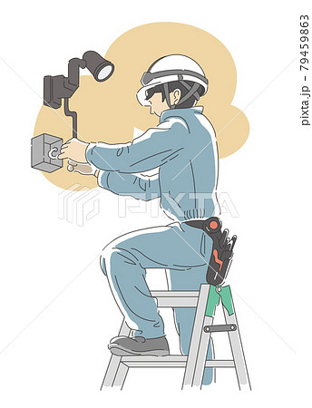 防犯カメラ取付工事をする作業員2のイラスト素材