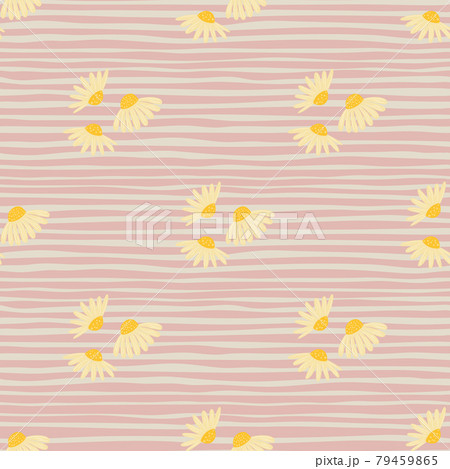Summer botanic seamless pattern with simple yellow chamomile flowers shapes. Pink striped background. 79459865