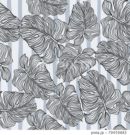 Monochrome monstera leaves silhouette seamless pattern on stripes background. Tropic foliage backdrop. Monochrome monstera leaves silhouette seamless pattern on stripes background. Tropic foliage backdrop. 79459883