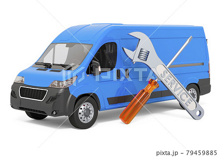 Van repair and service concept. Delivery van with screwdriver and wrench, 3D rendering Van repair and service concept. Delivery van with screwdriver and wrench, 3D rendering 79459885