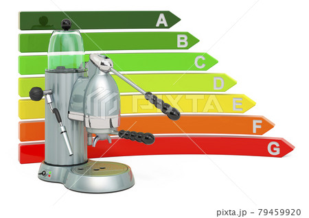 Coffeemaker with energy efficiency chart, 3D rendering 79459920