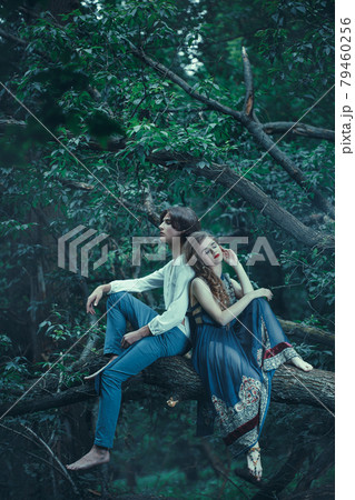 Young couple of elves in love outdoor Young couple of elves in love outdoor 79460256