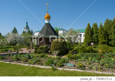 Flowering trees in the Spaso-Yakovlevsky Monastery in the city of Rostov, Yaroslavl region. 79461511