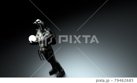 Astronaut with a glow sphere in his hands, which turns into a bush with green leaves, 3d render background, computer generated backdrop 79462685