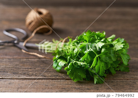 fresh parsley on a wooden table, scissors and rope. Selective focus, rustic style. fresh parsley on a wooden table, scissors and rope. Selective focus, rustic style. 79464992