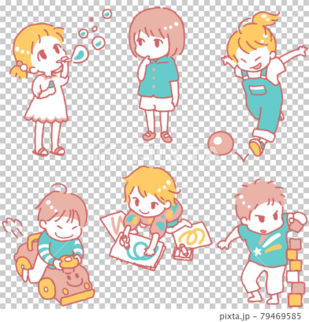 Illustration set of children playing (main line color pink) 79469585