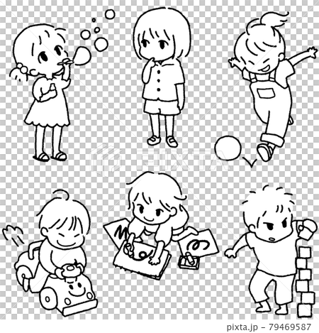 遊ぶ子供たちのイラストセット(モノクロ線画) 遊ぶ子供たちのイラストセット(モノクロ線画) 79469587