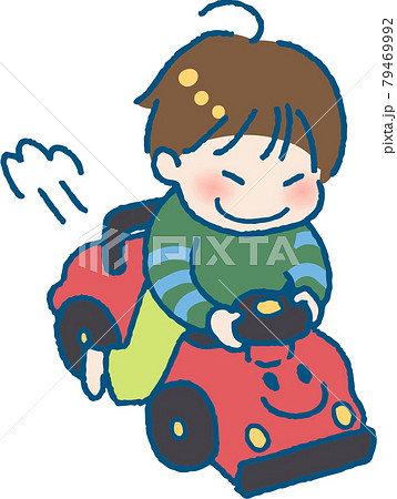 おもちゃの車に乗って遊ぶ子供のイラスト ベタ塗り フルカラー のイラスト素材