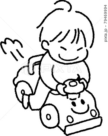 おもちゃの車に乗って遊ぶ子供のイラスト（モノクロ線画） 79469994