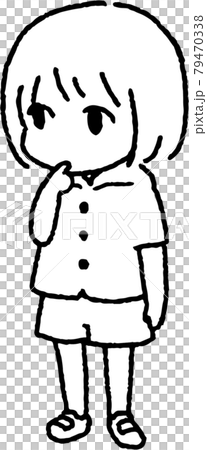 一個孩子在吮吸手指時依稀站著的插圖（單色線描） 79470338