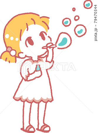 シャボン玉をして遊ぶ子供のイラスト（主線色ピンク）のイラスト素材