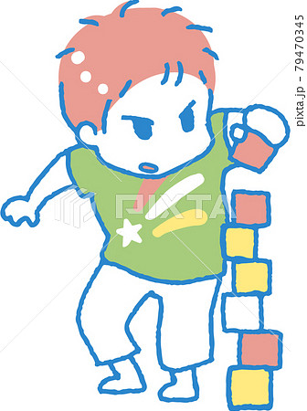 積み木で遊ぶ子供のイラスト 主線色ブルー のイラスト素材