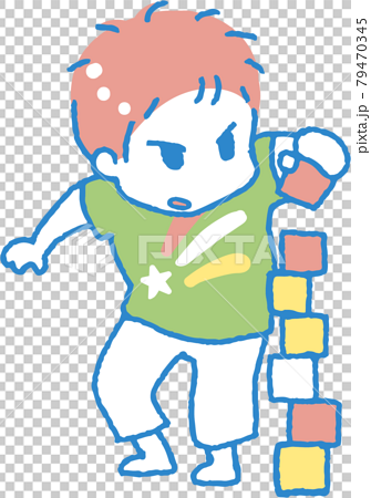 積み木で遊ぶ子供のイラスト 主線色ブルー のイラスト素材