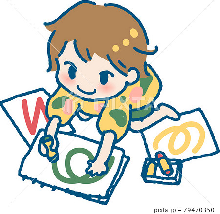 お絵かきして遊ぶ子供のイラスト（ベタ塗り｜フルカラー）のイラスト