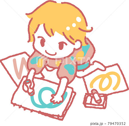 お絵かきして遊ぶ子供のイラスト（主線色ピンク） 79470352