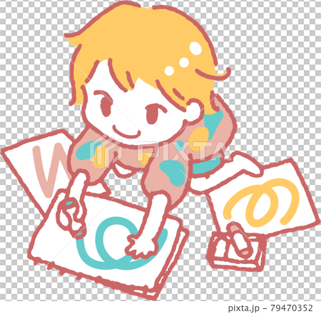 お絵かきして遊ぶ子供のイラスト（主線色ピンク） 79470352