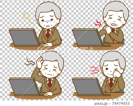 パソコン作業で疲れるスーツの高齢男性のイラスト素材