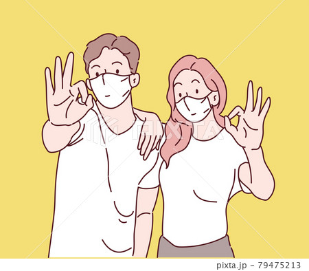 Young man and woman are wearing face mask and showing OK sign, smiling and confident. Hand drawn in thin line style, vector illustration. (A Mask can be removable) Young man and woman are wearing face mask and showing OK sign, smiling and confident. Hand drawn in thin line style, vector illustration. (A Mask can be removable) 79475213