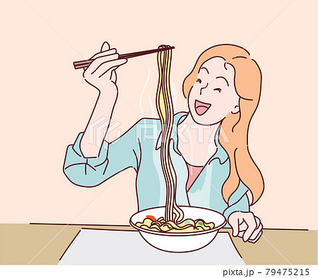 Young woman eating noodles in chinese restaurant. Hand drawn in thin line style, vector illustrations. Young woman eating noodles in chinese restaurant. Hand drawn in thin line style, vector illustrations. 79475215