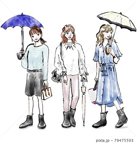 雨の日の女子三人組のイラスト素材