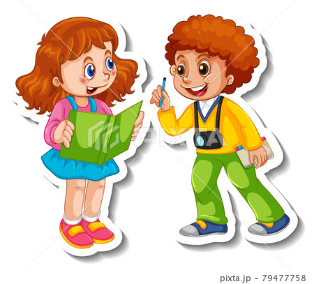 Sticker template with a couple kids cartoon character isolated Sticker template with a couple kids cartoon character isolated 79477758