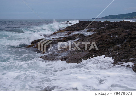 日本海の荒波　凝灰岩に弾ける波　丹後半島 79479072