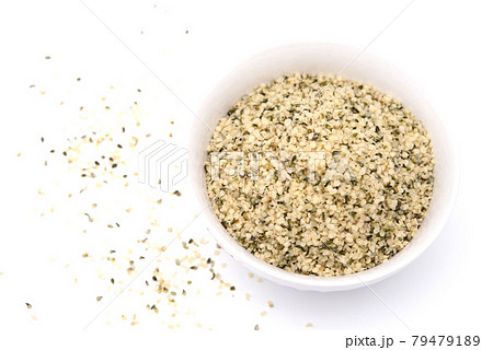 Organic shelled hemp seeds isolated on white background. 79479189
