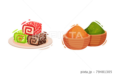 Turkey Culture Traditional Symbols with Piled Spices and Rahat Lakoum Dessert Vector Set Turkey Culture Traditional Symbols with Piled Spices and Rahat Lakoum Dessert Vector Set 79481305