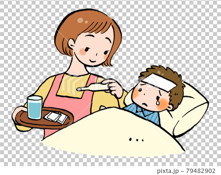 Illustration of a mother caring for a child who has a fever 79482902