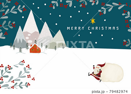 雪化粧の山と赤いお家とモミの木とサンタクロースのイラスト ネイビー 79482974