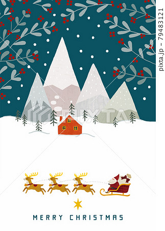 雪化粧の山と赤いお家とモミの木とサンタクロースとトナカイのイラスト ネイビー 79483121