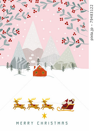 雪化粧の山と赤いお家とモミの木とサンタクロースとトナカイのイラスト ピンク 79483122