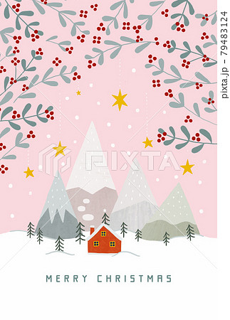 雪化粧の山と赤いお家とモミの木のイラスト ピンク 79483124