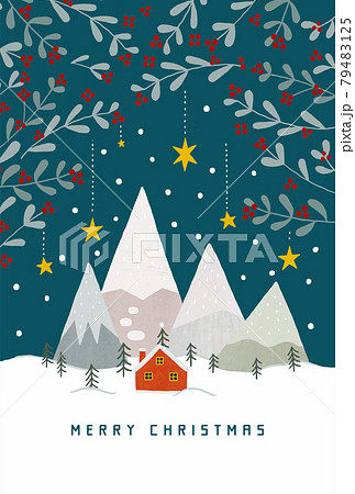 雪化粧の山と赤いお家とモミの木のイラスト ネイビー 79483125