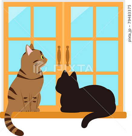 窓辺で外を見るトラネコと黒猫のイラスト素材