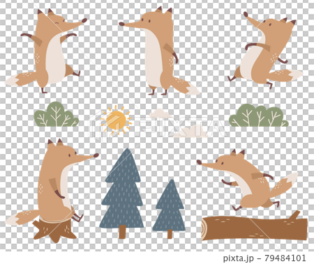 A set of cute fox characters and landscape design materials 79484101