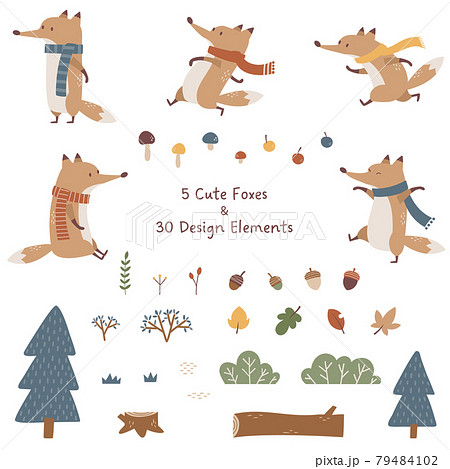 キツネのキャラクターやきのこ 木の実など 秋向けデザイン素材セットのイラスト素材