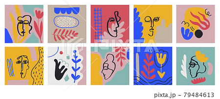 Vecto set of cards with hand drawn Faces, Leaves, Flowers, abstract shapes. Doodle, art modern posters. Contemporary collage blob illustrations. Continuous line, minimalistic concept 79484613