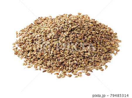 handful of ajowan fruits closeup on white handful of ajowan fruits closeup on white 79485314