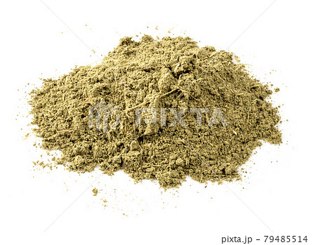 pile of powder of stevia rebaudiana herb on white pile of powder of stevia rebaudiana herb on white 79485514