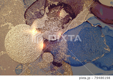 Burgundy, blue and gold abstract marble pattern with sparkles 79486198